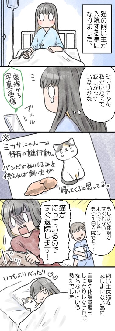 猫の飼い主が入院したら・・・。

退院後もいつもより寄り添ってくれたので、猫には飼い主の身体の不調が分かるのかもしれませんね(;▽;)
https://t.co/Ii0kmscSNQ 