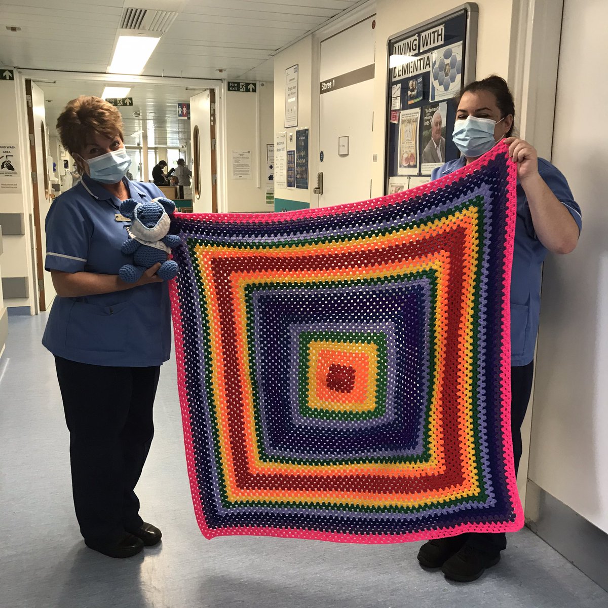 We have a new friend on Med1! Crochet bear and brightly coloured blanket, kindly made by Debbie. Many thanks