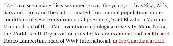 What???  @WWF_DG,  @WHO and head of  @UNBiodiversity  @mremae just making it up about the origins of diseases. Might a bit of simple fact-checking have raised some doubts about this,  @guardian  @dpcarrington?? https://bit.ly/37GezkJ&nbsp;