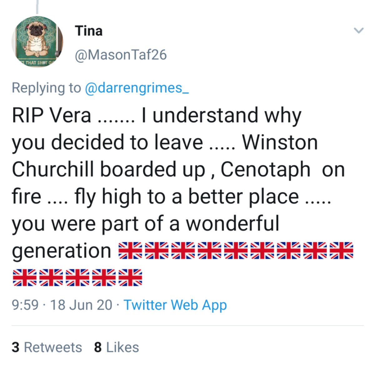 Apparently Vera Lynn chose to die because black people are asking for equality. This country is deeply unwell.