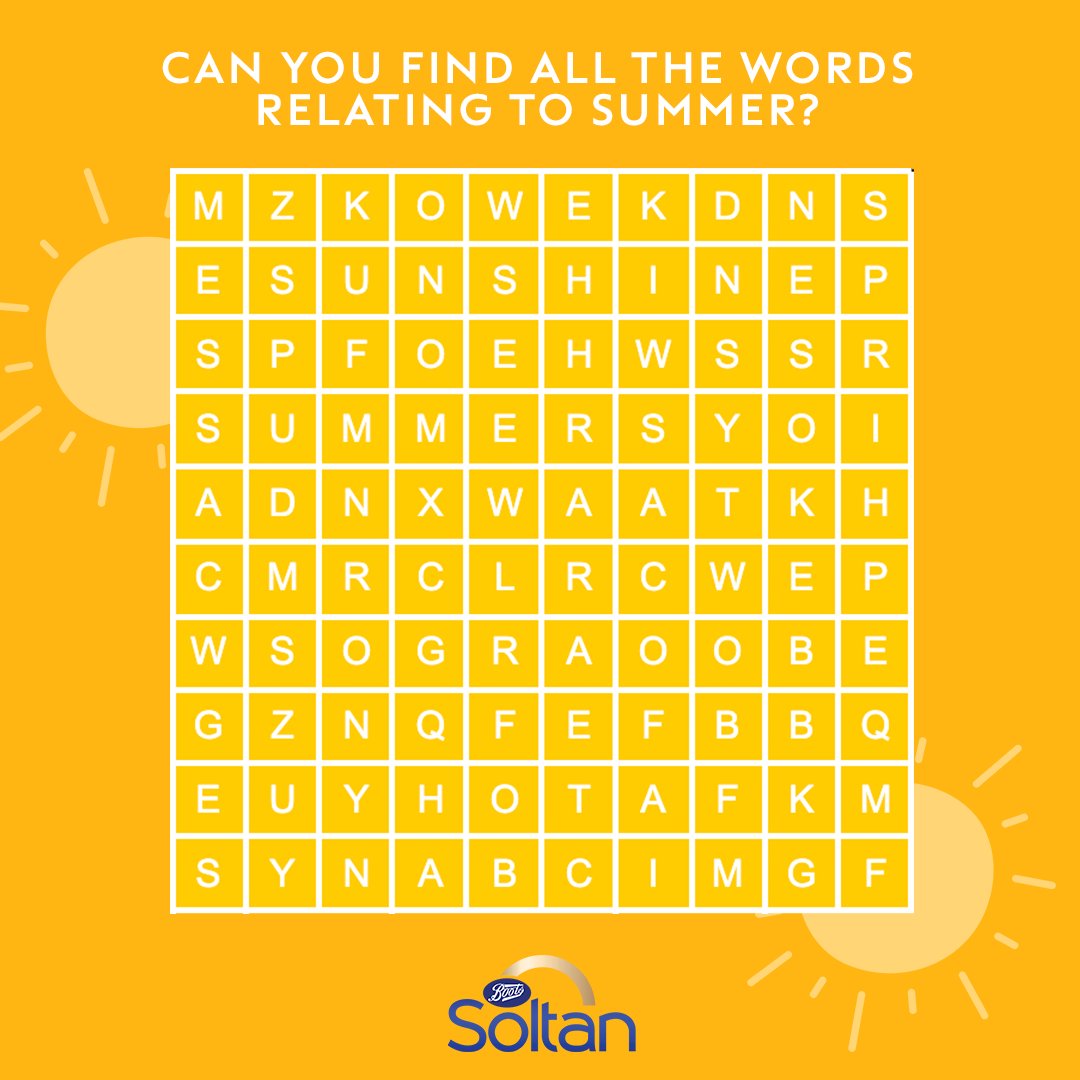 Stuck indoors and tired of seeing the rain? Try our Sunny Wordsearch for a bit of indoor fun and find all the words relating to summer! Let us know in the comments below how many you've found! 🌞😀🍦 #WordSearch #Games #Soltan #SoltanSuncare #SPF #Suncare