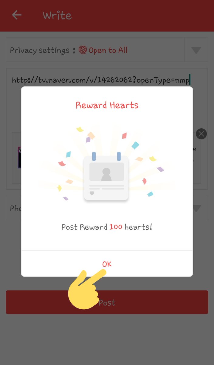 (Ever Hearts)8. Post Reward↳ Upload high quality images (600px or more in 1:1 ratio = 100 per day↳ Upload video (Youtube, Vlive, Naver) URLs = 100 per day↳ Additional hearts rewarded when you upload image or URL in Hot Time (8pm ~ 11:30 pm KST) per day @SJofficial