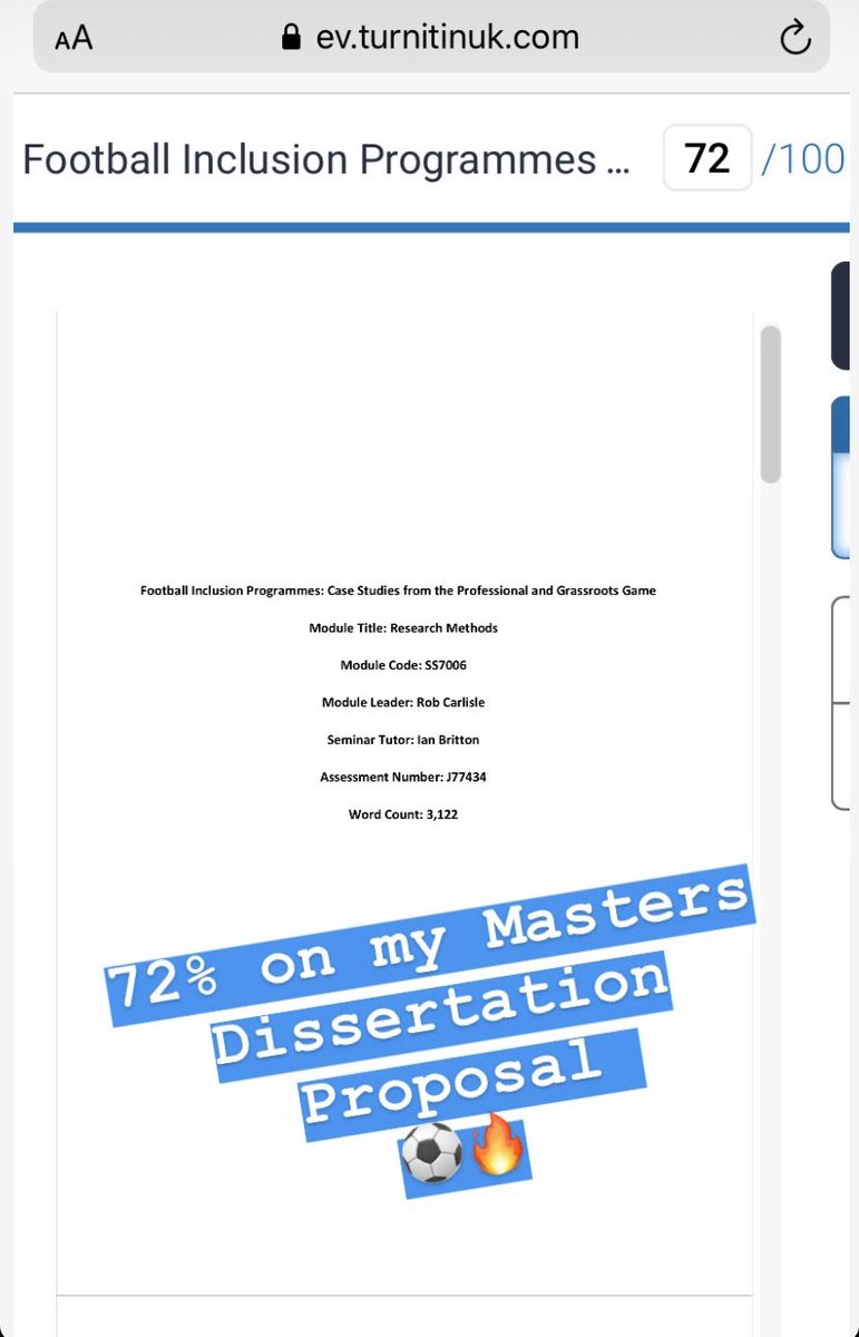 Excited to get writing my Masters Dissertation on football inclusion programmes after finding out I got 72% on my dissertation proposal ⚽️ #Inclusionfootball @InclusionBucks @EITC