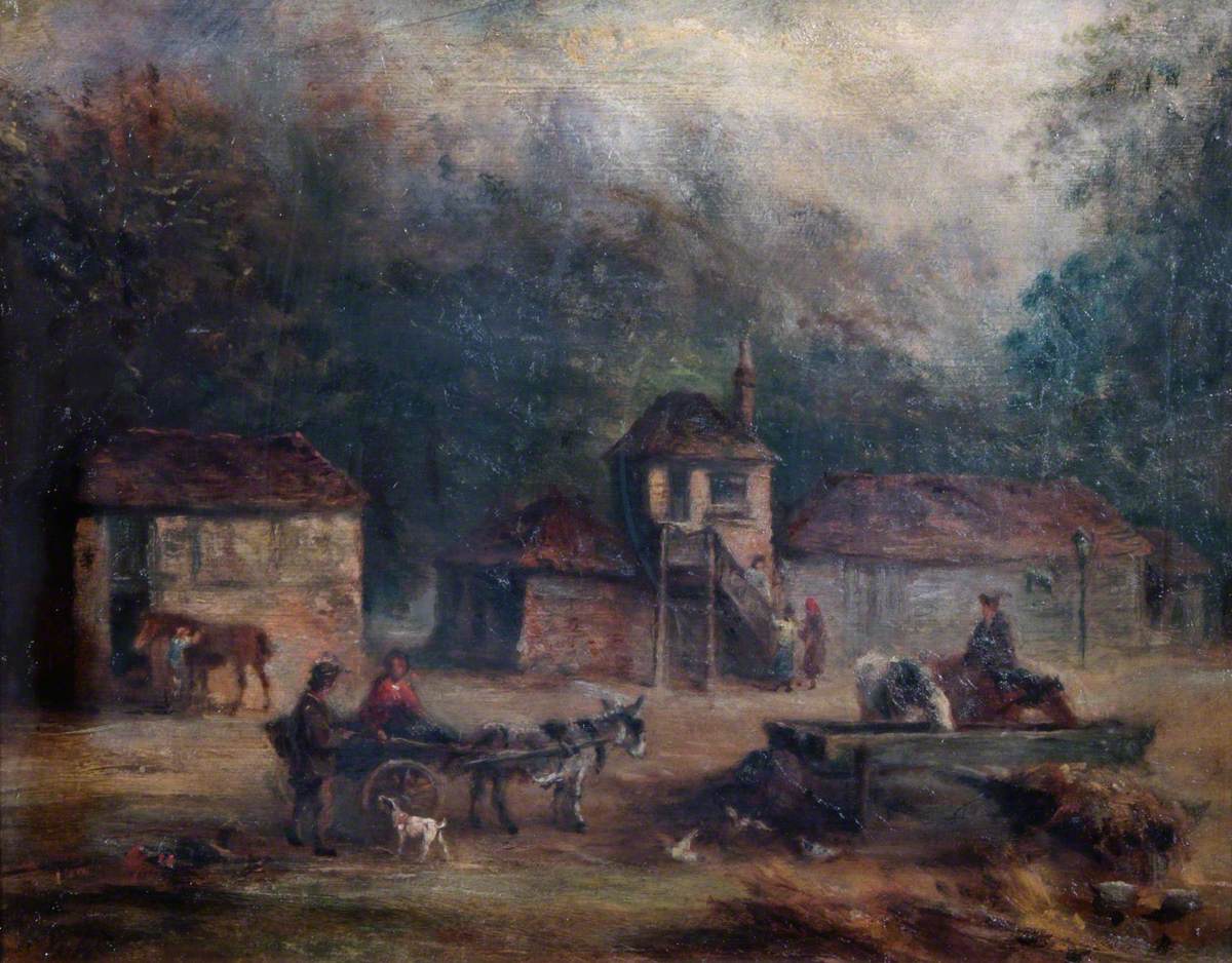 ...before this, the old Swan & Sugarloaf inn was only 1 story tall. Here’s a painting by Walter William Acock of the inn’s old granary and stables from our art collection. (CAC painting)