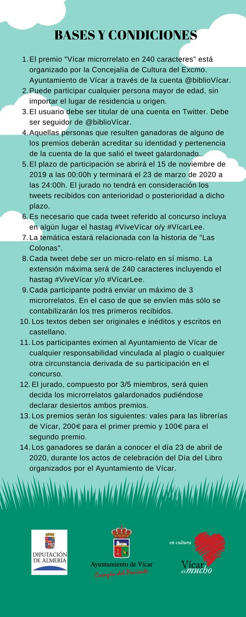 Microrrelatos ganadores en el concurso convocado en el área de cultura a través del servicio de #bibliotecas #VícarLee. Gracias. #ViveVícar #LasColonas #BibliotecasVícar vicar.es/Servicios/cmsd…