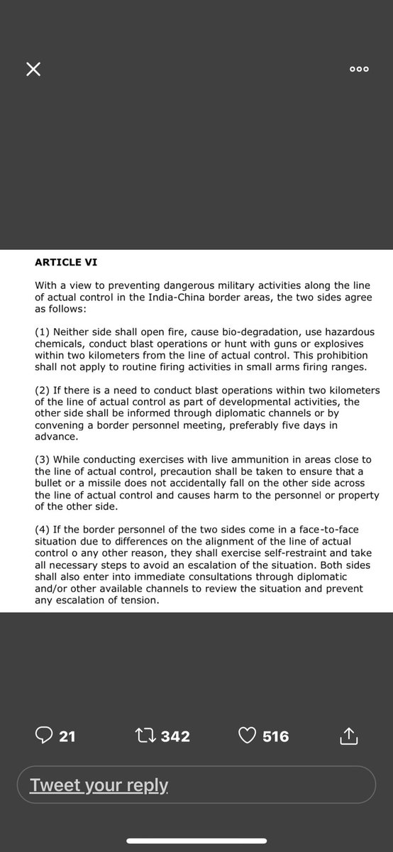 Article 6 of 1996 Agreement! These agreements apply to border management snd not while dealing with a tactical military situation. Lastly when lives of soldiers or security of post/territory threatened, Cdr on the spot can use all weapons at his disposal including Artillery.