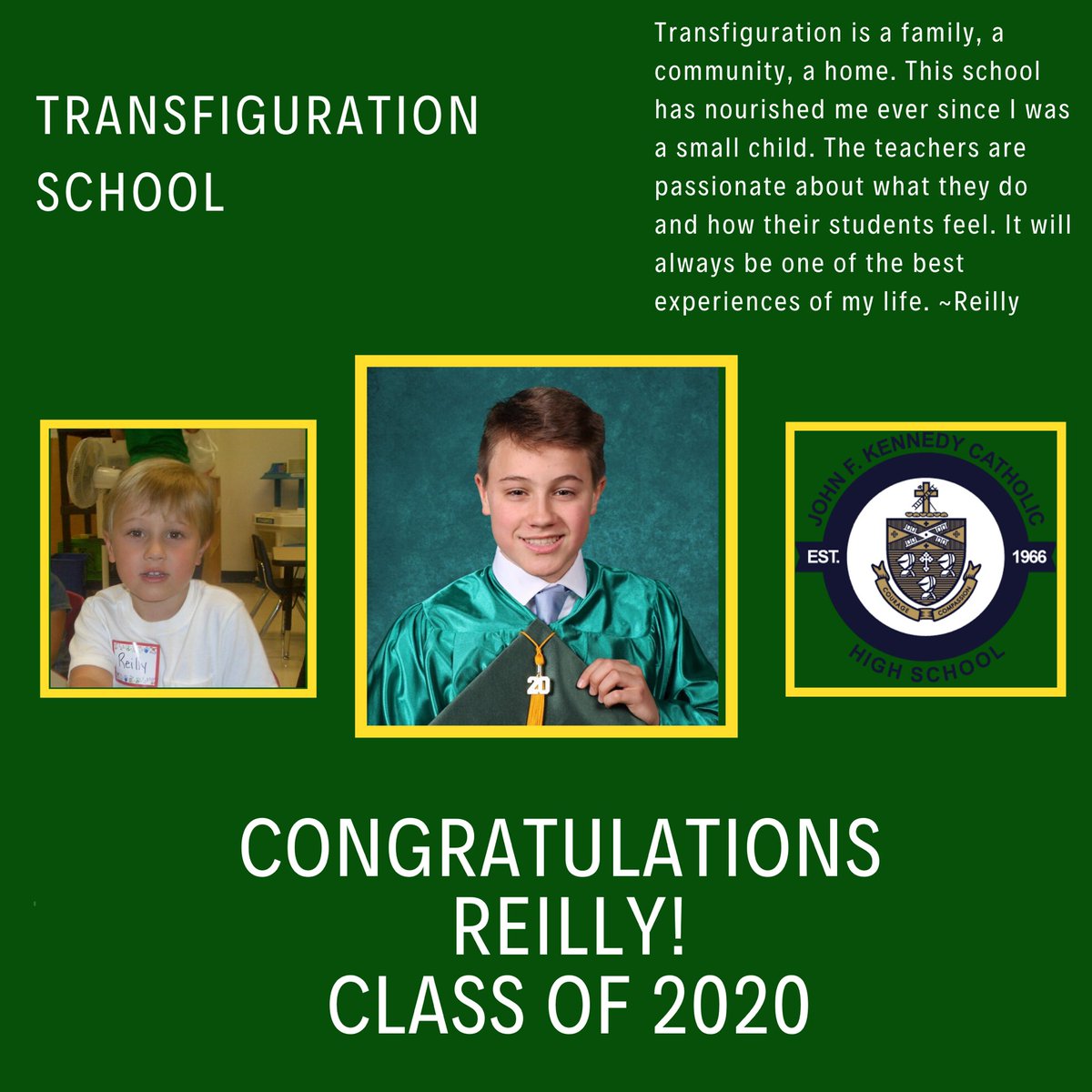 TransfigCS10591's tweet photo. Our 8th grade spotlight is Reilly. Congratulations Reilly on everything you have achieved. We will miss you.  #classof2020🎓 #transfigstrong  #BeTransformedatTransfig @KennedyGaels https://t.co/H2pvOJBVfi
