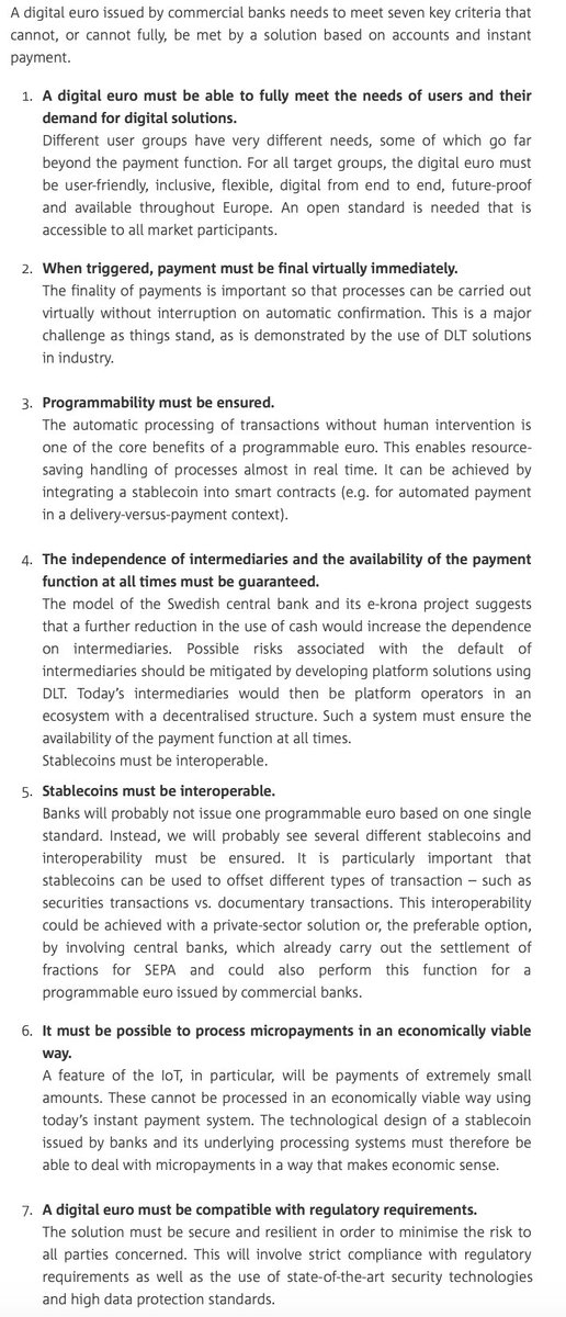 Europe’s answer to Libra – potential and prerequisites of a programmable euro by the Association of German Banks  @bankenverband https://en.bankenverband.de/newsroom/comments/europe-answer-libra/Highlighting interoperability: A digital euro issued by commercial banks needs to meet seven key criteria. #CBDC  #DLT