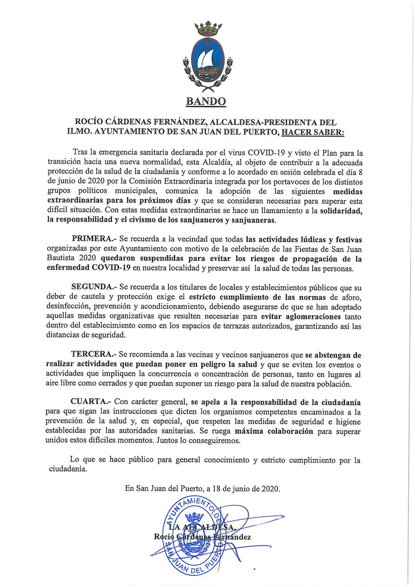 ⭕️ 📜 BANDO MUNICIPAL. “Fiestas Soñadas” de #SanJuanBautista2020 de #SanJuandelPuerto .

#SalimosMásFuertes 🦠 #SanJuanResponsable