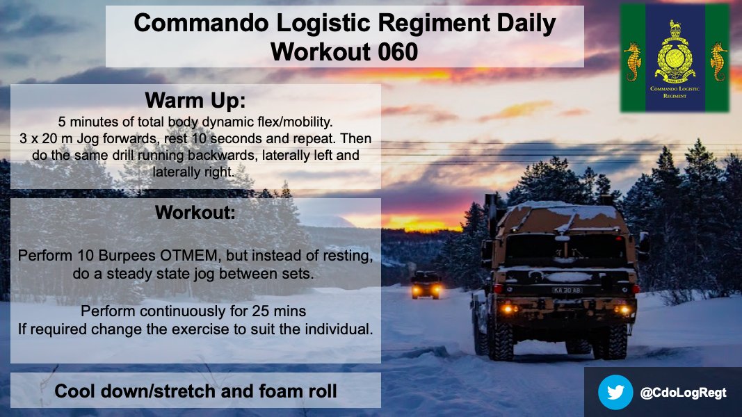 CdoLogRegt's tweet photo. Good afternoon and here is your daily #workout courtesy of our Regimental PTI. #Workhard, give 100% throughout and keep well hydrated. Enjoy! #RMFit @NAVYfit https://t.co/MYAyDeVpk1