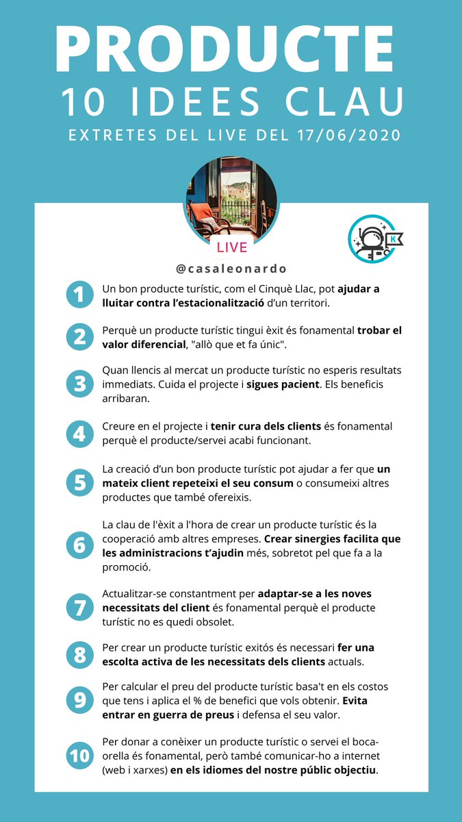 Què hem de tenir en compte a l'hora de crear un producte turístic? Ahir vam xerrar amb Mireia Font, de <a href="/casaleonardo/">Casa rural Casa Leonardo Hotel Eco Boutique</a> i impulsora de <a href="/ElCinqueLlac/">El Cinquè Llac</a>, i ens va regalar aquests consells. Preneu nota! 👇 #turisme
