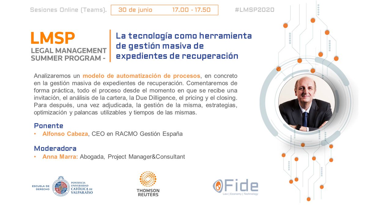 fide_fundacion's tweet photo. 3ª Jornada del #LMSP2020.
Sesión 1: La #tecnología como herramienta de gestión masiva de expedientes de recuperación
Ponente: Alfonso Cabeza Navarro-Rubio, CEO en @racmo_es

Mod: @annapmarra, Abogada. Project Manager &amp; Consultant.

📋https://t.co/61zWpAUtAf https://t.co/5b7AfwOJid