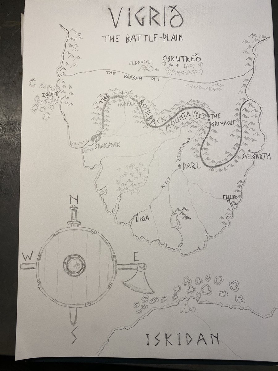 I've done a sketch of Vigrið, The Battle Plane. Map for The Bloodsworn, my new fantasy, Norse inspired, series. 
#fantasybooks #johngwynne #norse #Map #author #Weapons #bookstagram #orbitbooks