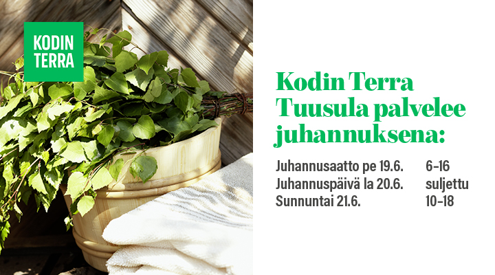 JariAlanko's tweet photo. Lämminta ja aurinkoista  juhannusta!
Kodin Terra palvelee juhannusaattona pe klo 6-16, juhannuspäivänä la suljettu ja su klo 10-18. https://t.co/v1xmvaphfw