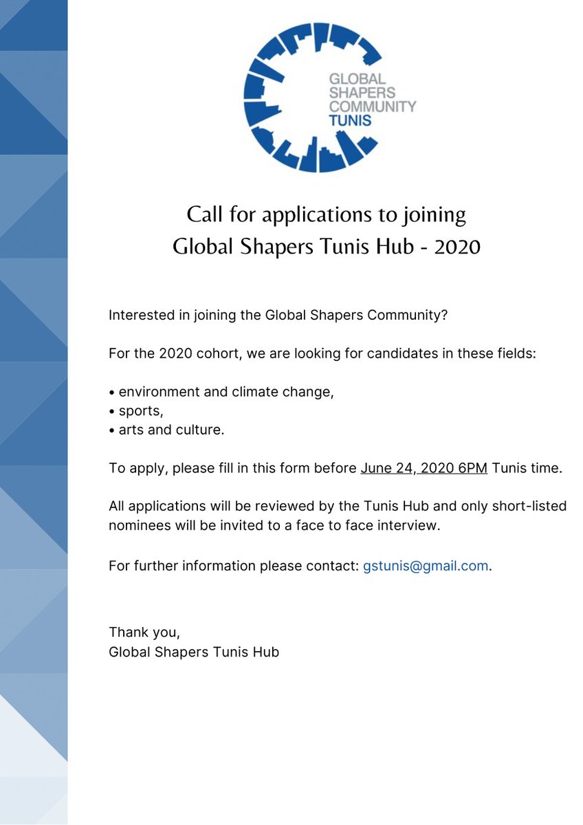 The Global <a href="/ShapersTunis/">Global Shapers Tunis</a> Hub is recruiting in the fields of Environment and climate change, sports, arts and culture!
 
Apply before June 24 forms.gle/vTtPKhgEEb5syc…
