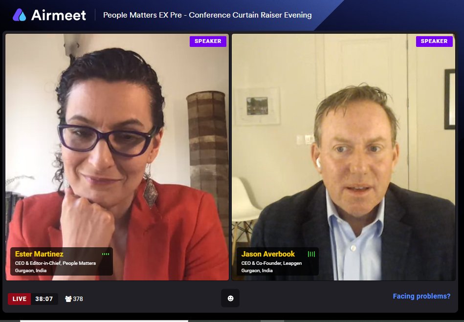 "Workforce 2020 is here, it's not how we thought it's going to be here but it is, let's use it to our advantage" says <a href="/jasonaverbook/">Jason Averbook</a> in a fireside chat with <a href="/Ester_Matters/">Ester Martinez</a> at the Pre-conference curtain raiser evening for People Matters EX Virtual conference. #PMEXConf @Leapgen