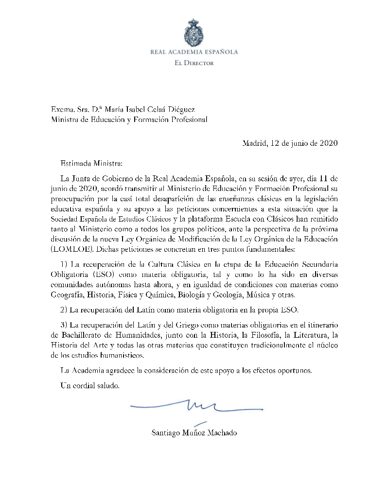Carta de la Real Academia Española de la Lengua a la Ministra de Educación en defensa de las Lenguas Clásicas