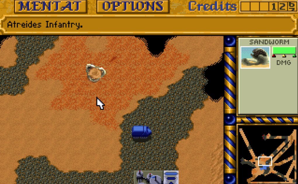 As well as a fantastic RTS game, there are some lovely touches. The way units fidget & talk back is common now, but oozed life at the time.Also, being Dune’s Arrakis, you must watch for tremours indicating a huge sand worm is about to eat up your harvester! Gulp 4/6...