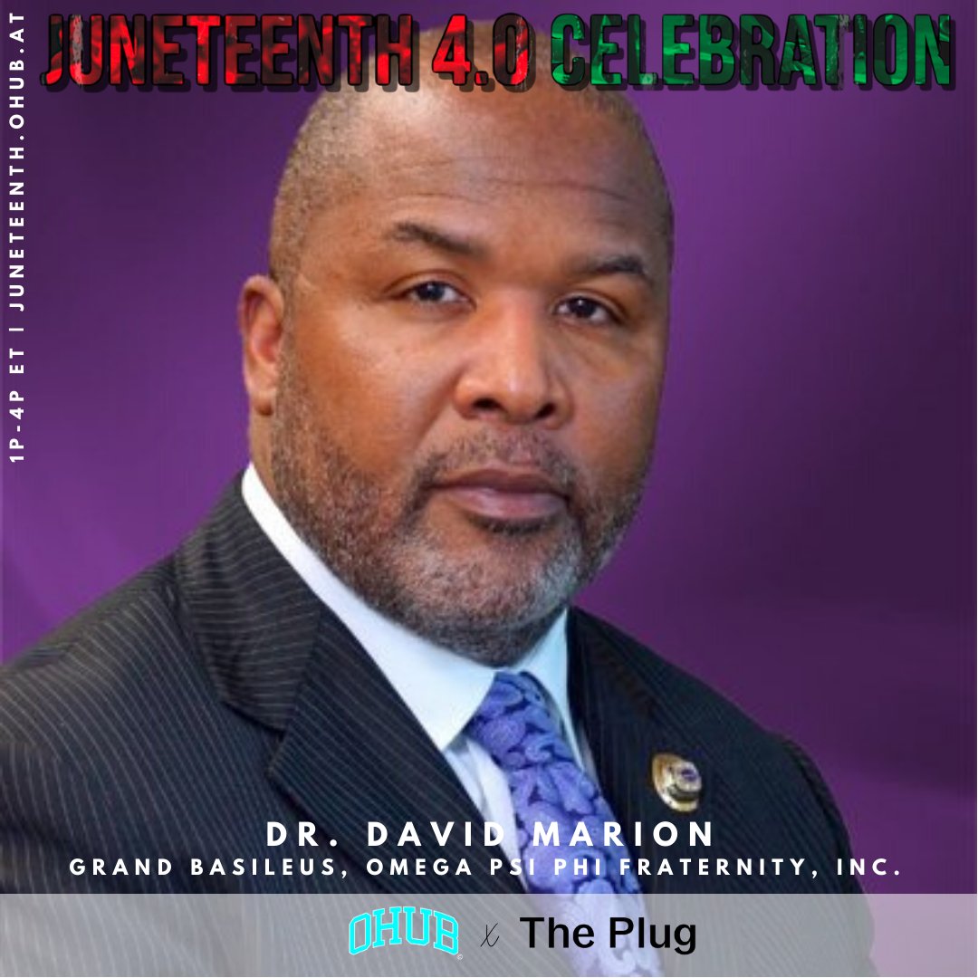 Hear from <a href="/DrMarionOmega/">David Marion, Ph.D.</a> Grand Basileus of <a href="/OfficialOPPF/">Omega Psi Phi® Fraternity</a> at the Juneteenth 4.0 Celebration on Friday June 19th, 1-4P EST 

Connect: linkedin.com/in/david-mario… 

RSVP: juneteenth.ohub.at #OHUBJuneteenth #OHUB