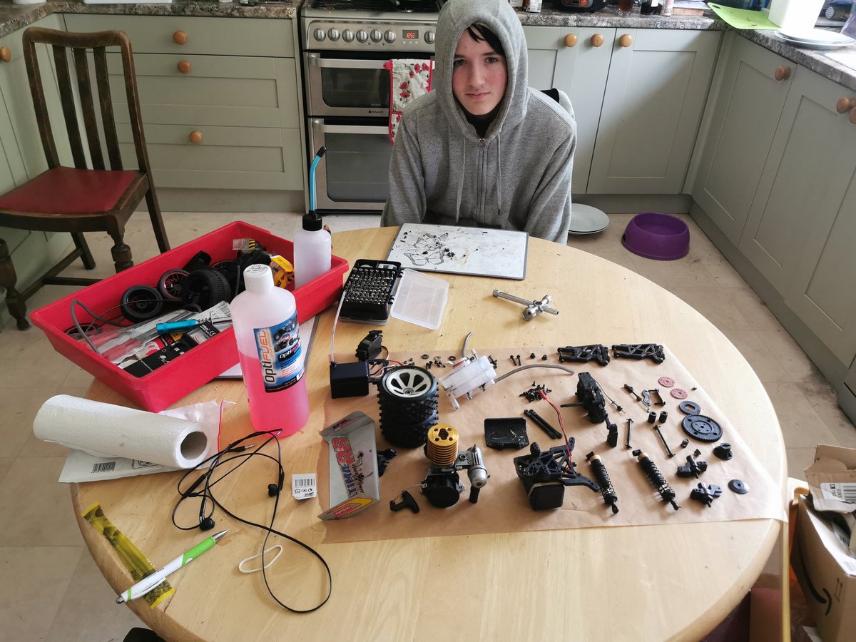 Heard 15 year old son moving around in the kitchen, followed by tap running, scent of fairy liquid, scrubbing noises.... My heart thrilled: he's washing up, without being nagged. Rounded the corner &...nope. Tenderly cleaning caked engine parts. #lockdownparenting #homeschooling