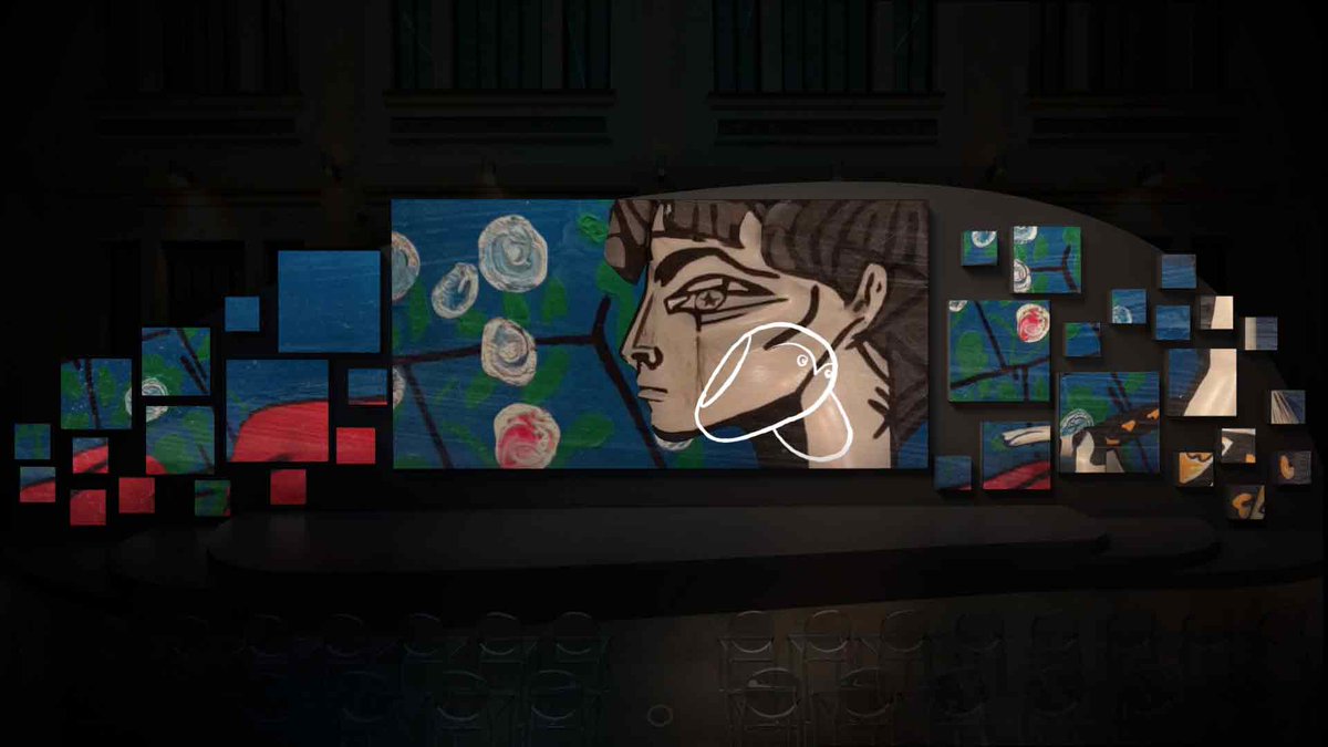 Following Picasso’s cubist style, we use a 35 screen, dividing multi screen, one central and 17 cubes on each side of it, forming an 18x4m and 6048x1344px full resolution screen.

#mapping #art #multiscreen #picasso #digitalart #artgallery #artist #canvas #drawing #ilustatrion