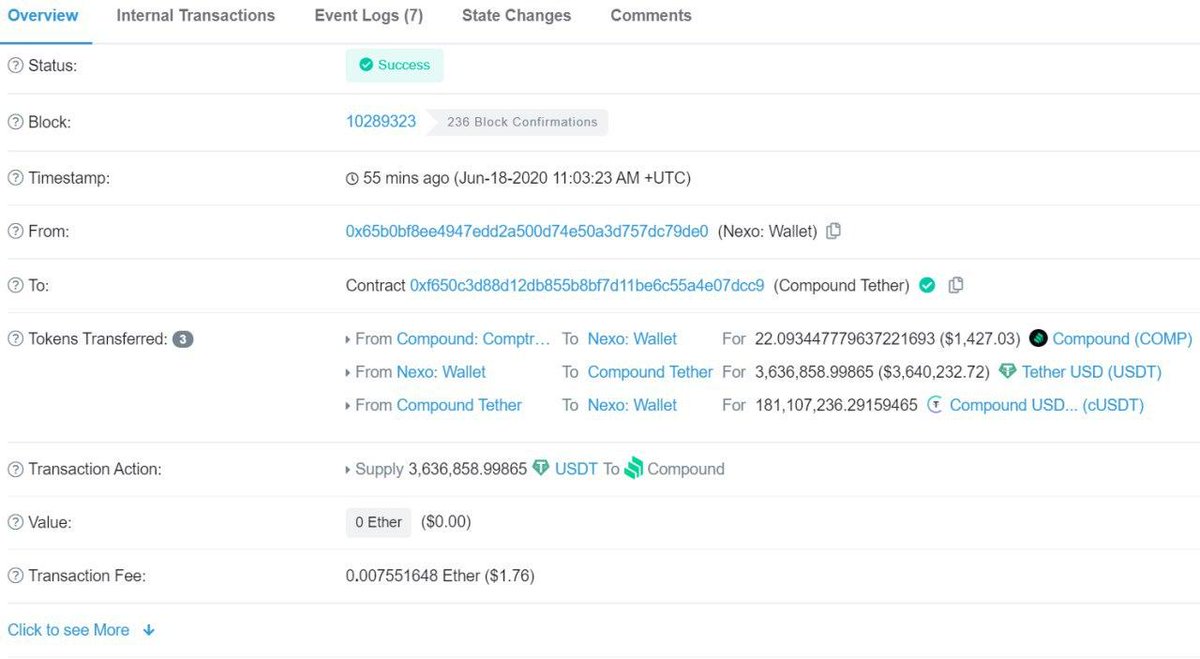 🚨There is either a large capital flight from centralized lenders to #Compound, or #NEXO itself is using user funds to mine $COMP

#crypto #ETH👇
etherscan.io/tx/0xa7ca6f455…