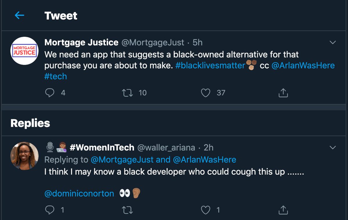  @MortgageJust just had an idea/request about something that suggests black-owned alternatives.My assumption: People want to buy black but don't know how to substitute their everyday products. Similar: People want to live environmentally clean but don't know lifestyle substitute