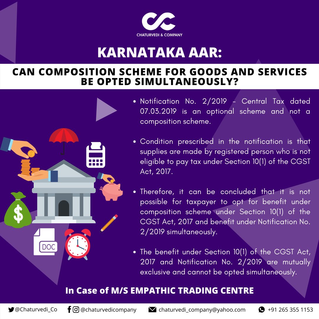 Whether GST Composition Scheme for Goods (1%) and Services (6%) applicable simultaneously?

Here is something from Karnataka AAR.

#GST #CompositionScheme 

instagram.com/p/CBk25jhndyY/…