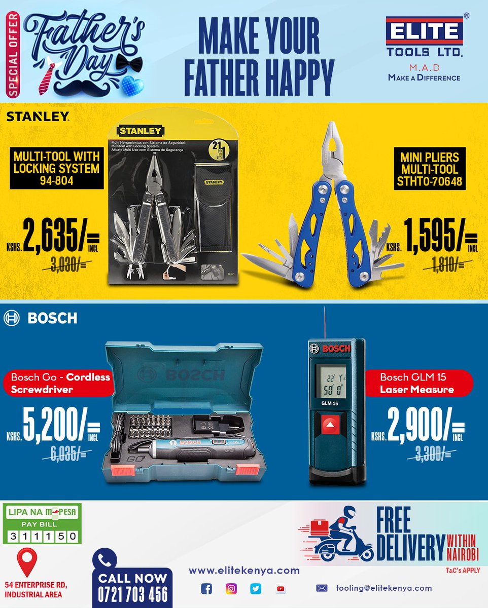 elite_toolsltd's tweet photo. ๐๐๐ค๐ ๐๐จ๐ฎ๐ซ ๐
๐๐ญ๐ก๐๐ซ ๐๐๐ฉ๐ฉ๐ฒ ๐ญ๐ก๐ข๐ฌ ๐
๐๐ญ๐ก๐๐ซ'๐ฌ ๐๐๐ฒ. ๐๐ก๐ฒ ๐ง๐จ๐ญ ๐ ๐๐ญ ๐ก๐ข๐ฆ ๐ ๐ ๐ข๐๐ญ ๐จ๐ซ ๐ญ๐ฐ๐จ?
FREE DELIVERY WITHIN NAIROBI. Valid Until 21st June.
#EliteMAD #FathersDay #Bosch #Stanley #Gift https://t.co/GfYXmqq6LK