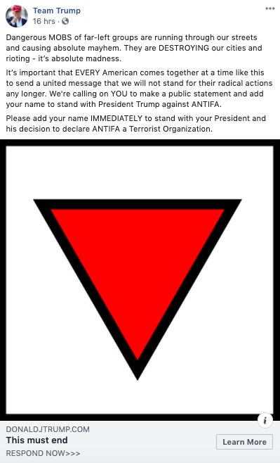 I want to talk a little bit about why the Trump campaign using the red triangle in an “Anti-Antifa” ad is extremely concerning, regardless of the intent and excuses provided by the campaign. 1/?