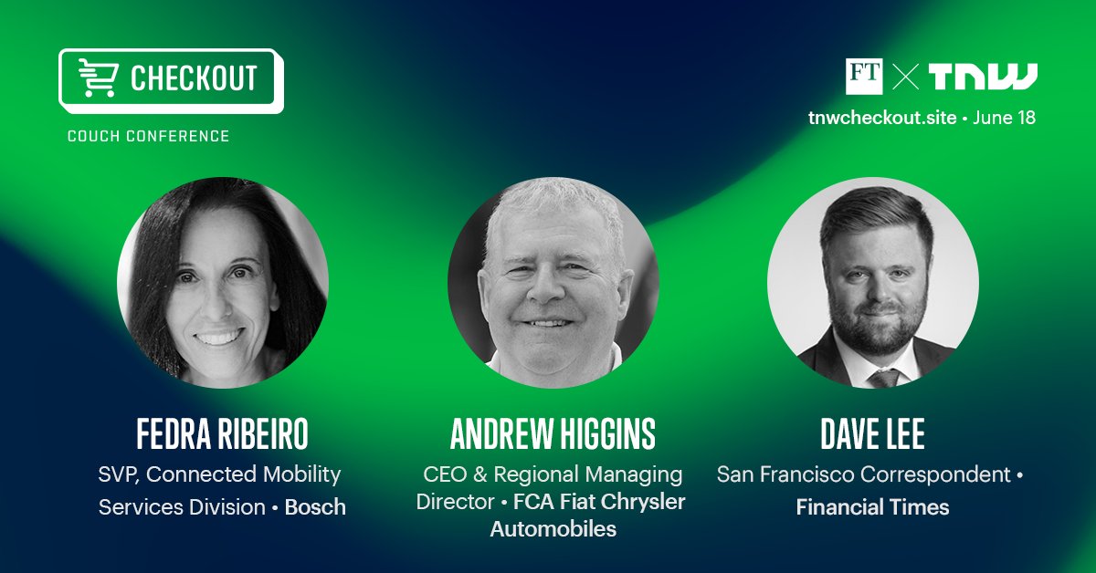 tnwevents's tweet photo. Live at #Checkout2020: Fedra Ribeiro (@BoschGlobal) & Andrew Higgins (@fcagroup). Alongside @DaveLeeFT, they're exploring the creation of the digital automotive retail and megatrends post COVID-19 🚗 Register at https://t.co/oNVKcILOeM & check your email for the livestream link https://t.co/4NgsIuvKNw