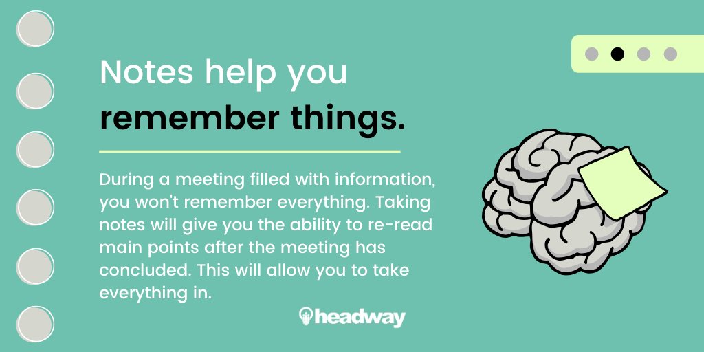 HeadwayPlatform's tweet image. Note taking is a valuable skill in the business world.
Swipe ➡️ to read our reasons why YOU should start taking notes. 📓🖋
#NoteTakingTips