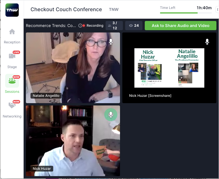 tnwevents's tweet photo. Currently on at #Checkout2020: @nickhuzar and @natangelillo from @offerup. Head over to the sessions tab to hear them discuss recommence trends: connecting people with what they need. Register at https://t.co/oNVKcILOeM & check your email for the livestream link https://t.co/iKyqOmm00C
