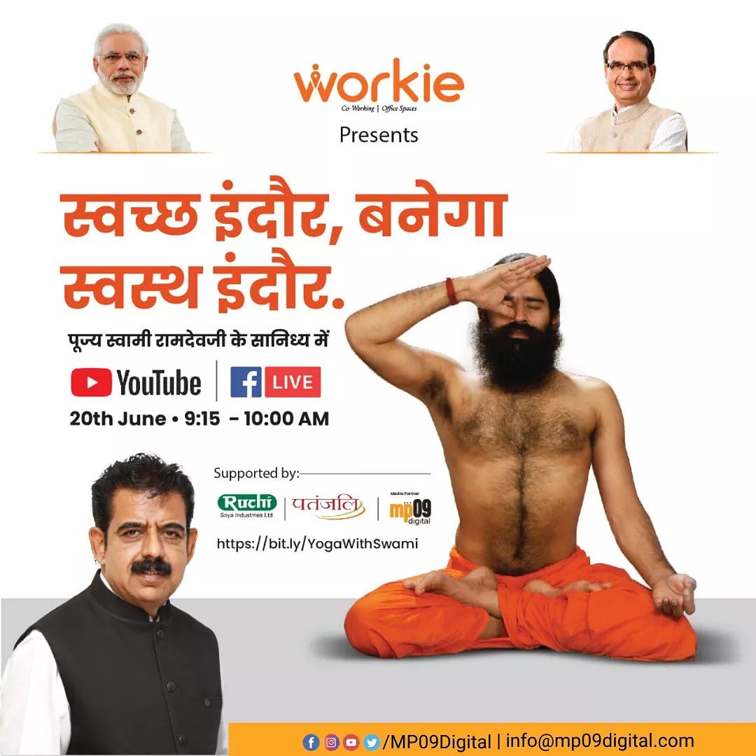 MP09Digital's tweet photo. To fight against #Corona, @yogrishiramdev will be Live for #Indore with his special #Yoga session with @iShankarLalwani Ji on #Saturday, 20th June at 9:15am. Proud to be the Media Partner for this Live Yoga Session on International Yoga Day.#InternationalYogaDay #YogaWithBaba https://t.co/PvE15ZLdee