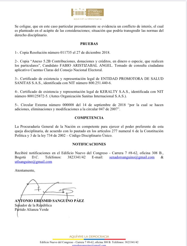 AntonioSanguino's tweet image. Hemos presentado queja disciplinaria ante @PGN_COL contra Fabio Aristizábal Superintendente de Salud, por las presuntas faltas disciplinarias en las que pudo haber incurrido al no manifestar impedimento en un posible conflicto de intereses con la EPS SANITAS. 

[HILO]