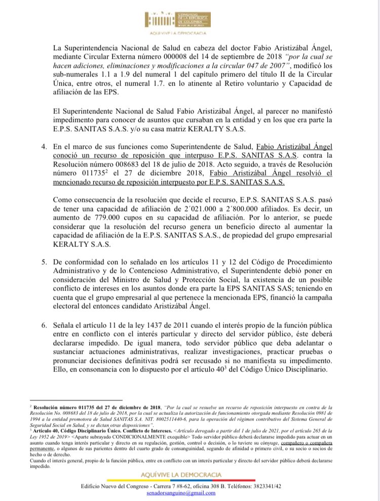 AntonioSanguino's tweet image. Hemos presentado queja disciplinaria ante @PGN_COL contra Fabio Aristizábal Superintendente de Salud, por las presuntas faltas disciplinarias en las que pudo haber incurrido al no manifestar impedimento en un posible conflicto de intereses con la EPS SANITAS. 

[HILO]