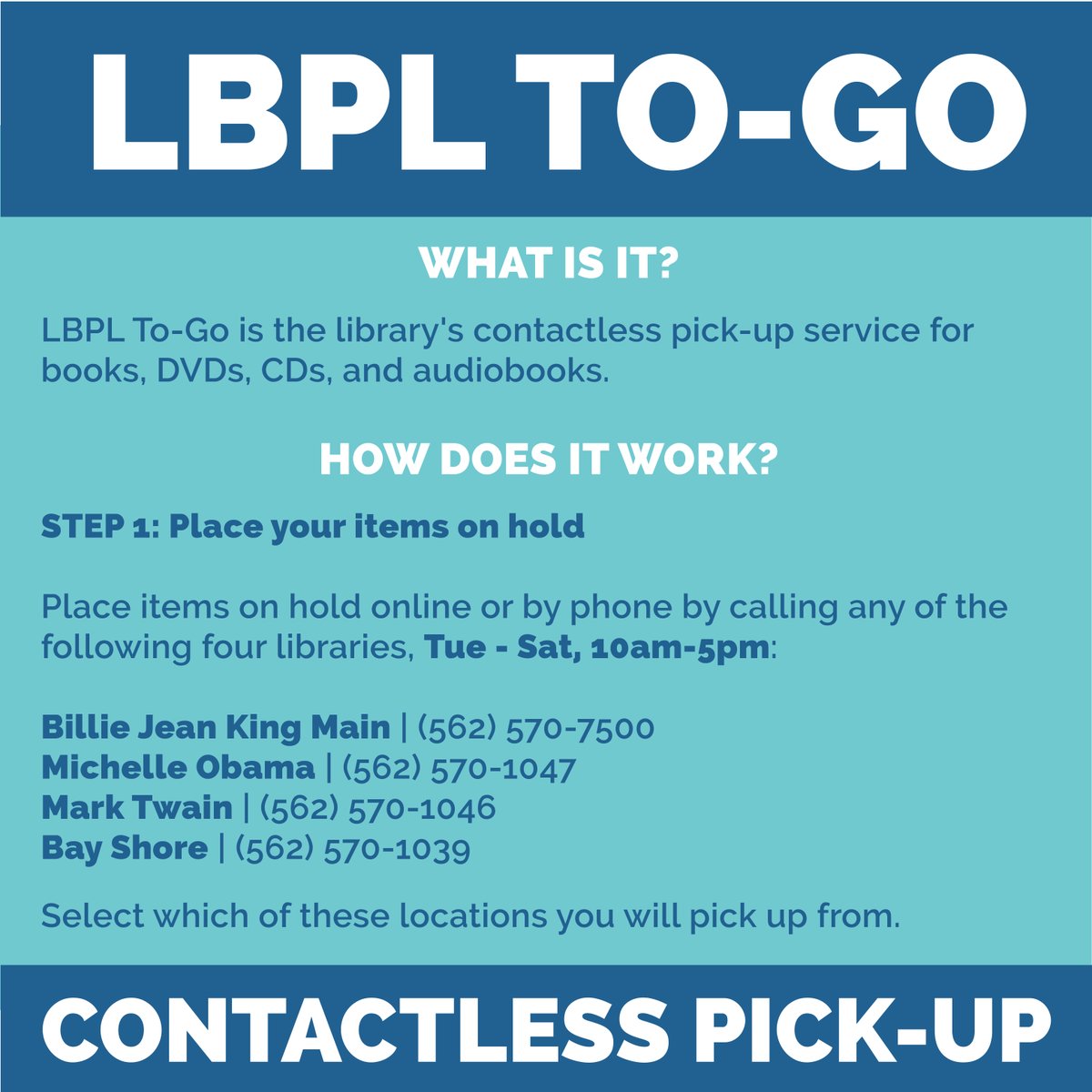 LBCityLibrary's tweet image. LBPL To-Go, our contactless pick-up service for books, DVDs, CDs, and audiobooks, will begin on Tuesday, June 23rd!

For more info, visit longbeach.gov/library/news/l…