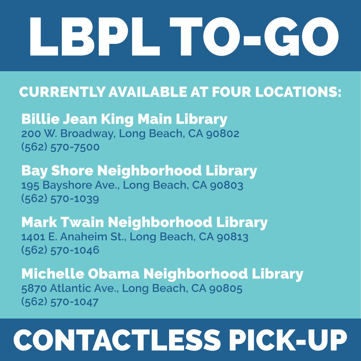 LBCityLibrary's tweet image. LBPL To-Go, our contactless pick-up service for books, DVDs, CDs, and audiobooks, will begin on Tuesday, June 23rd!

For more info, visit longbeach.gov/library/news/l…