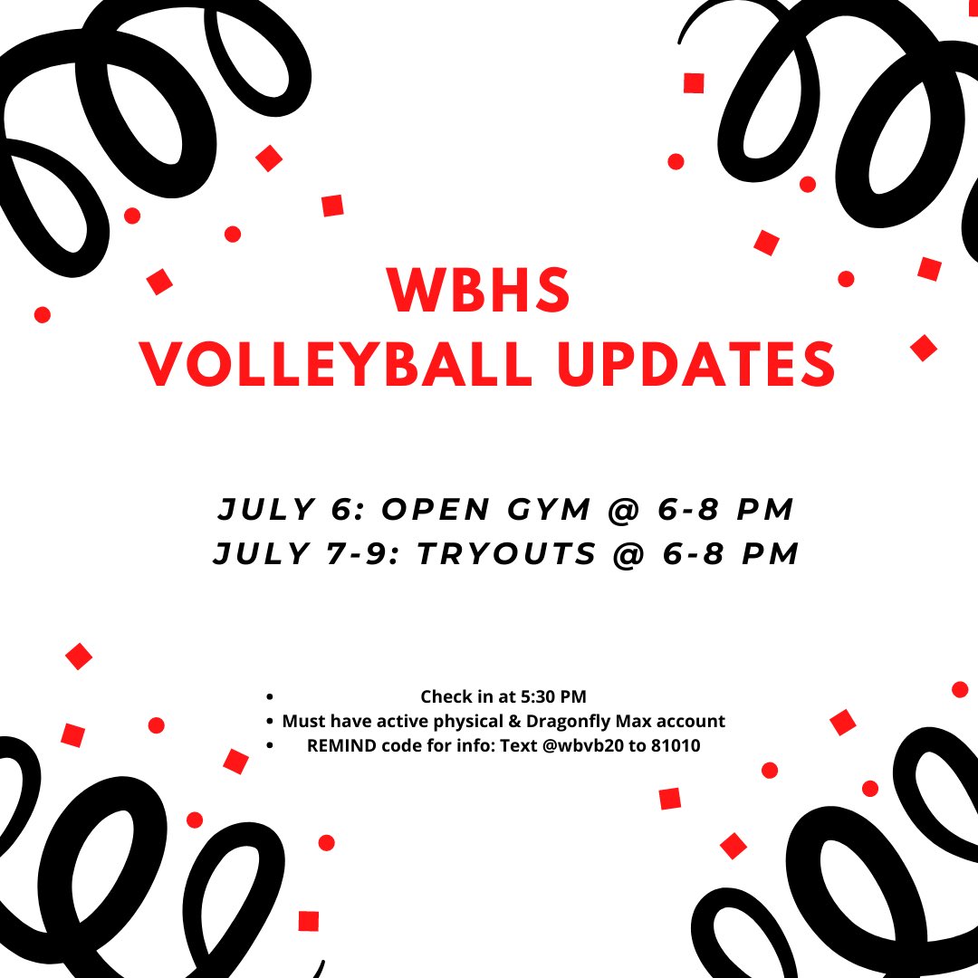 TweetDoggs's tweet image. BIG NEWS! WBHS Volleyball will host Open Gym on July 6 and Tryouts on July 7-9! Email Coach Stover with any questions at robert.stover@barrow.k12.ga.us