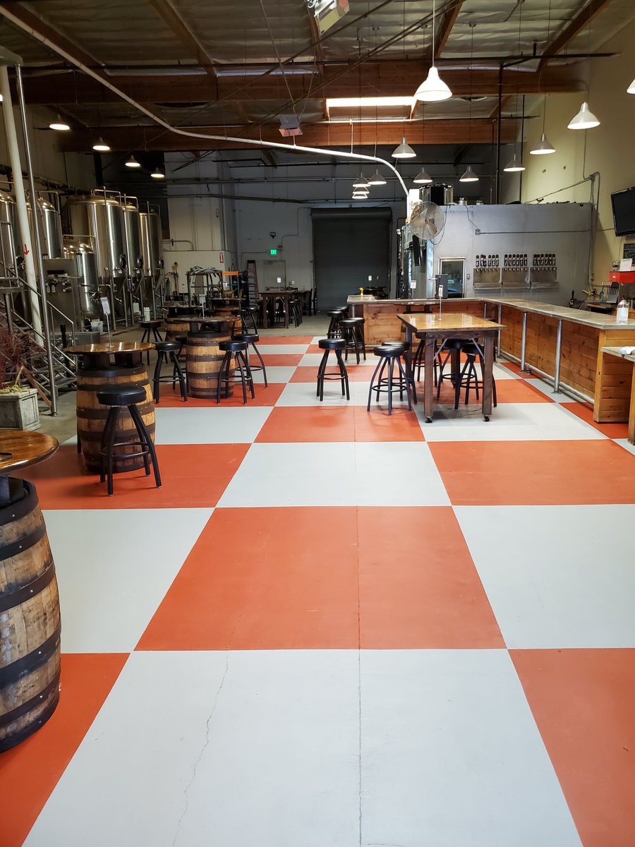 We made it safe &amp; easy to social distance and spread out.  
  Check out our 6' squares. Open Wed-Fri, noon to 7 PM. Closed 2 to 3 PM for extra cleaning.  #socialdistancefloor #reopening #roughdraftbrew #beatcovid19 #sdbeer #beeramar #dinein #sandiego #craftbeer #beer