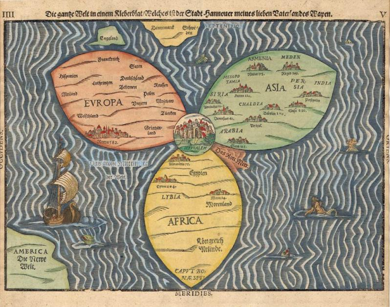 14th century cartographer: "you see we all live on a giant land flower with three little petals which are europe africa and asia"

"where's america?"

cartographer: "hold on lemme draw a little booger in the corner" 