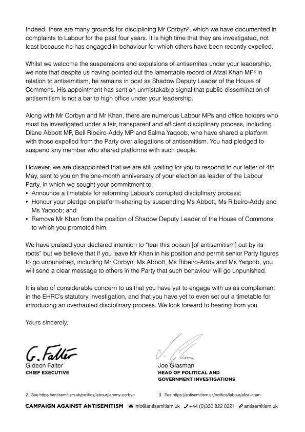 antisemitism's tweet photo. Today we have written to Sir @Keir_Starmer calling on him to announce a timetable for reforming @UKLabour’s corrupted disciplinary process and to take action against recent offenders including @JeremyCorbyn, @HackneyAbbott, @BellRibeiroAddy and @SalmaYaqoob. https://t.co/mWwM0drGWz