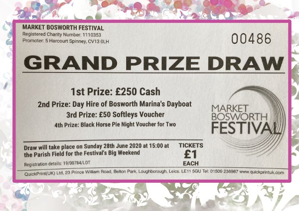 BosworthFest's tweet photo. Market Bosworth Festival - final call for our super summer raffle to be drawn 28th June ! - https://t.co/zu7E1dXzjR Purchase deadline extended to 24th June, few tickets remain, be lucky! https://t.co/Qavvt6UpWB