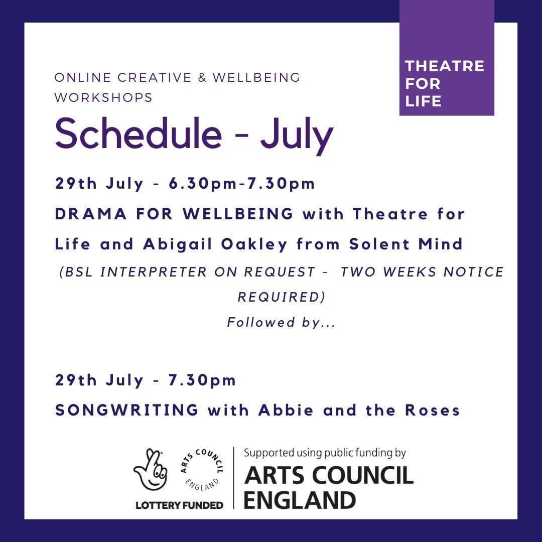 theatre_life2's tweet photo. We’re SO excited to share our programme of events for July..from spoken word and therapeutic art to storytelling and more musical theatre - there really is something for everyone in our FREE July Creative &amp; Wellbeing Workshops *BSL interpreter upon request Supported @ace_national https://t.co/nANK3tvOMp