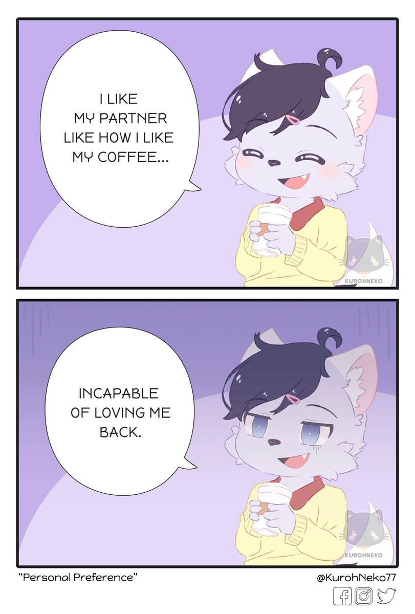KurohNeko77's tweet photo. Oh honey my coffee isn't the only thing that's decaf honeyyy

#furry #kemono #ケモノ #art #comic #oc #originalcharacter #pastel #2panelcomic https://t.co/joQpQDvMbo