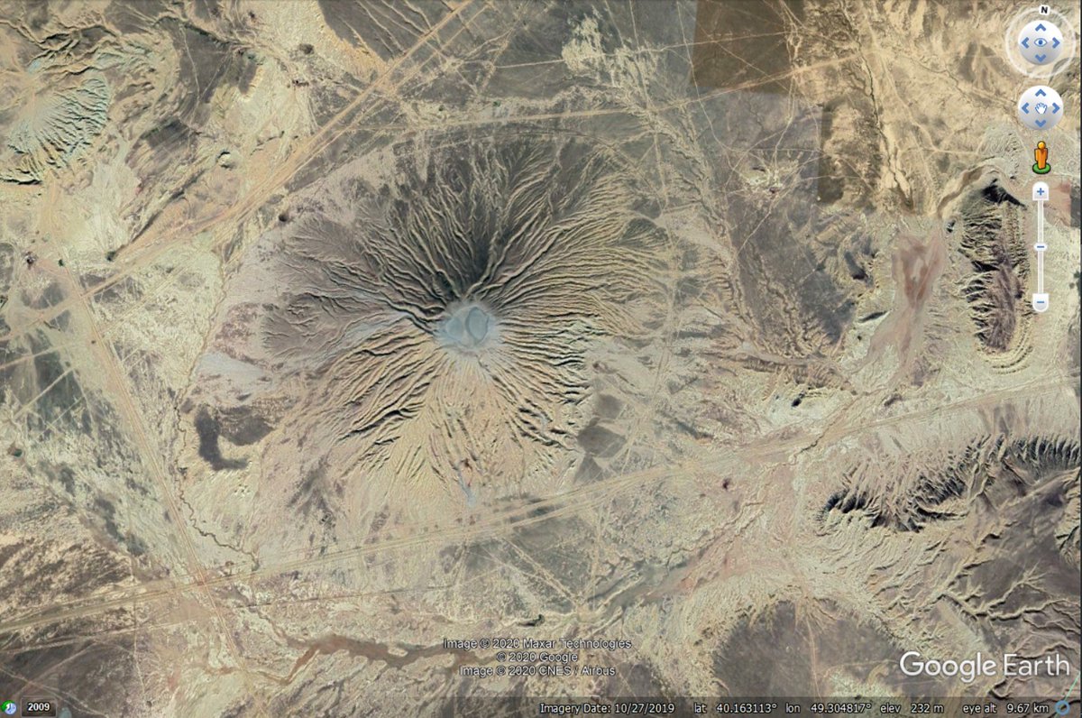 The problem is that we know from  #Earth that igneous volcanism can form features which look quite similar to sedimentary volcanoes. See for example these two images from Google Earth. Do you want to guess which one is a real volcano? If you want to be sure, what will you do? 3/n