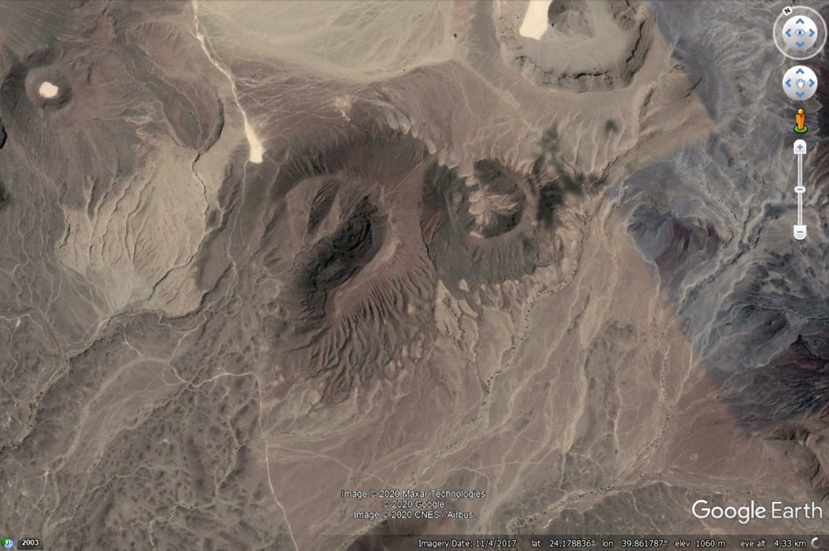 The problem is that we know from  #Earth that igneous volcanism can form features which look quite similar to sedimentary volcanoes. See for example these two images from Google Earth. Do you want to guess which one is a real volcano? If you want to be sure, what will you do? 3/n