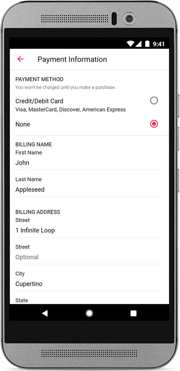 Screenshot of Apple Music on Android requiring users to type in billing information