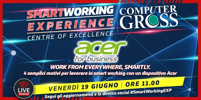 andreacreativo's tweet photo. Nuovo appuntamento con #SmartWorkingEXP di @ComputerGross, il #19giugno con @AcerItalia
"Work from everywhere, Smartly! 4 Semplici motivi per lavorare in smart working con un dispositivo Acer"
Qui per accedere al webinar 👉https://t.co/lhvbVKYNHT
#ad #AcerForBusiness #tech https://t.co/wNTmUyrdQy