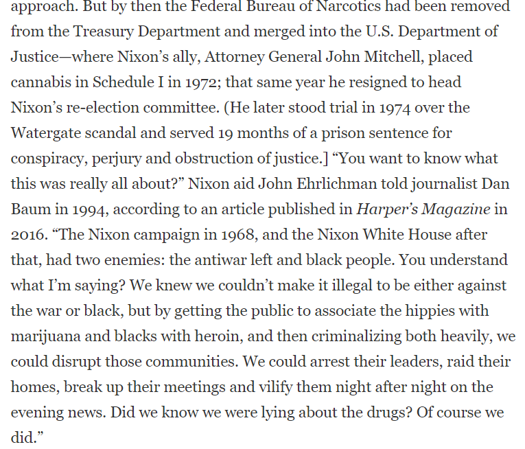 Nixon replaced this prohibition with a new one in 1970. Despite the science saying Marijuana was comparatively safe, he went ahead with it anyway to go after his two enemies "black people and the anti-war left" according to his top aid. https://www.scientificamerican.com/article/the-science-behind-the-dea-s-long-war-on-marijuana/